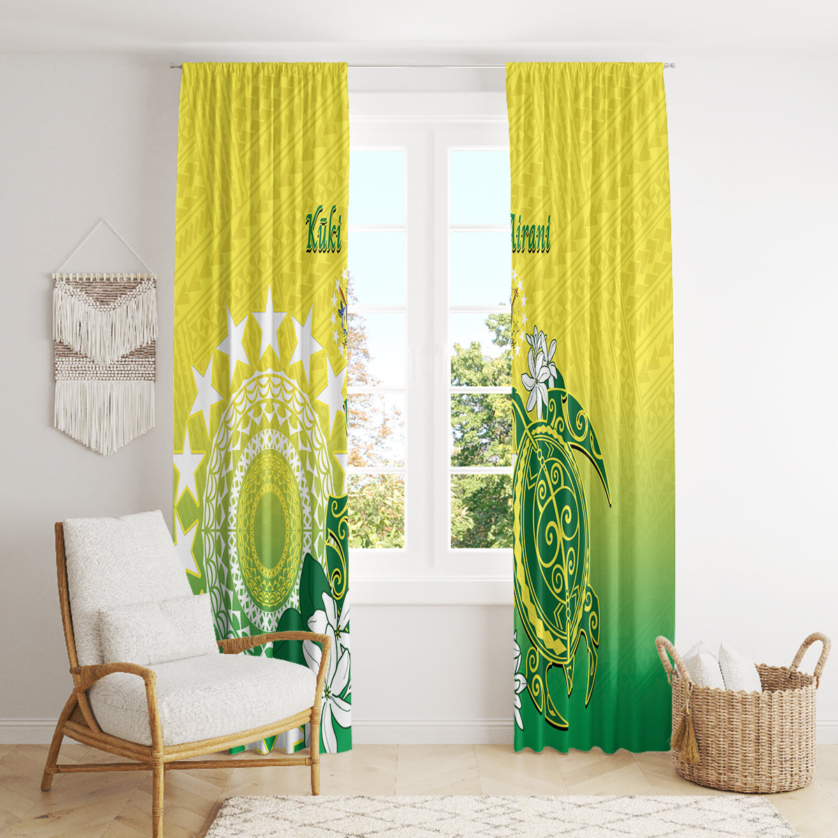 Cook Islands Independence Day Window Curtain Kuki Airani Tiare Maori Polynesian Pattern - Green LT14 - Polynesian Pride