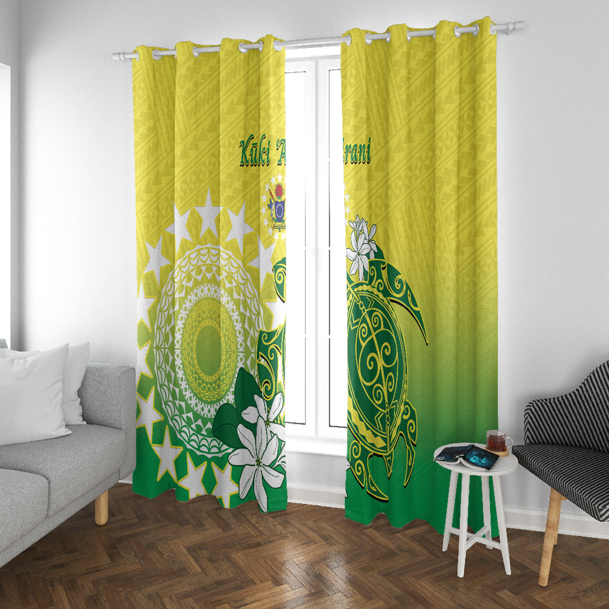 Cook Islands Independence Day Window Curtain Kuki Airani Tiare Maori Polynesian Pattern - Green LT14 With Grommets Green - Polynesian Pride