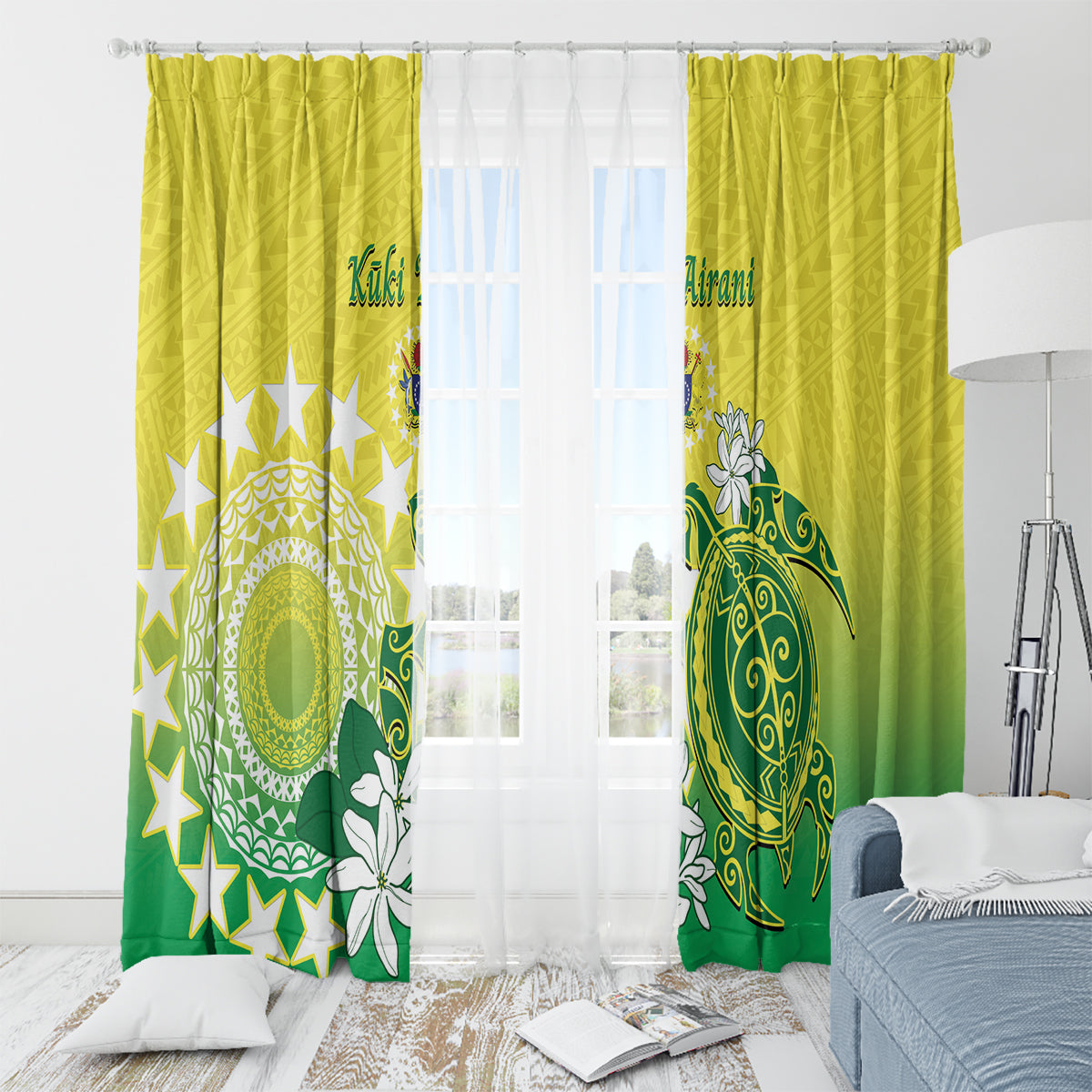 Cook Islands Independence Day Window Curtain Kuki Airani Tiare Maori Polynesian Pattern - Green LT14 - Polynesian Pride