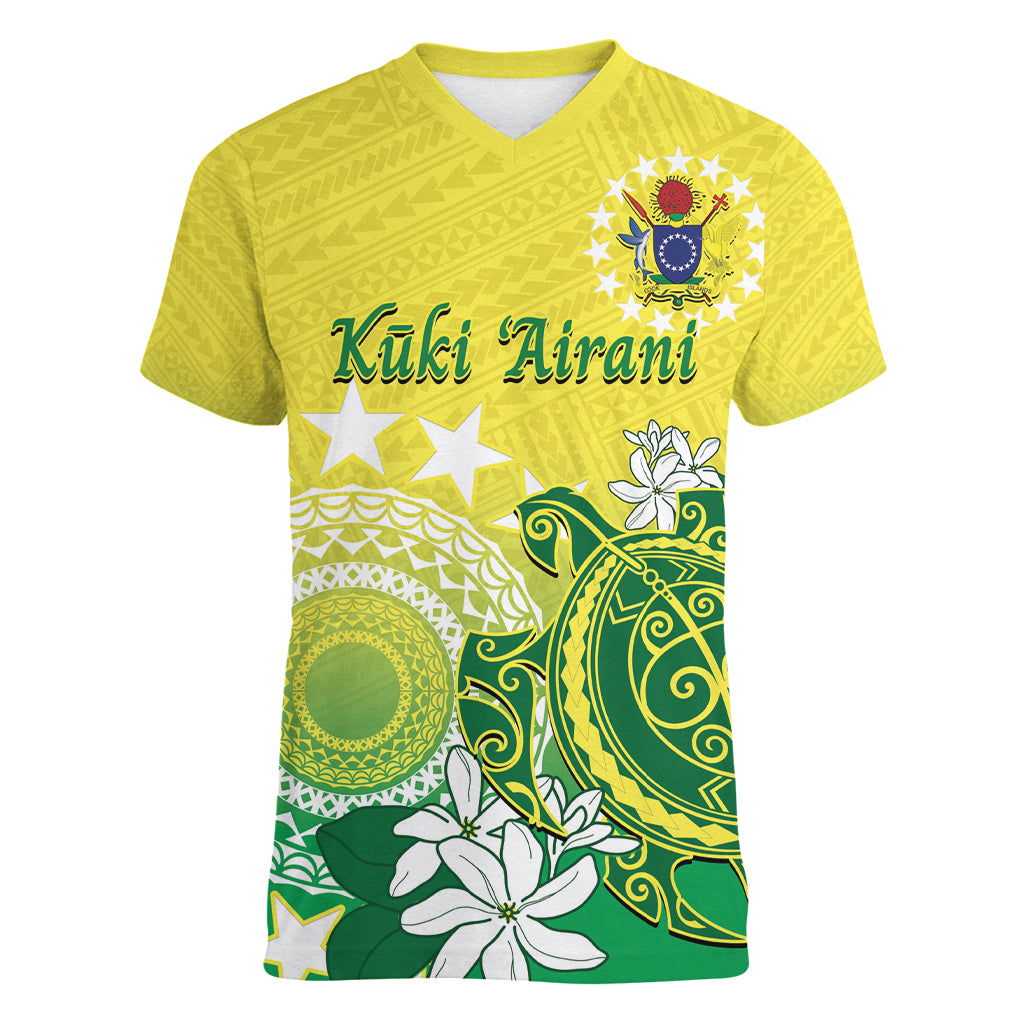 Cook Islands Independence Day Women V-Neck T-Shirt Kuki Airani Tiare Maori Polynesian Pattern - Green