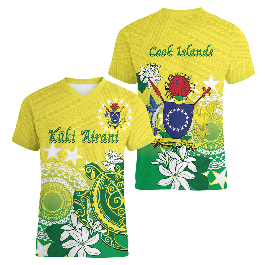 Cook Islands Independence Day Women V-Neck T-Shirt Kuki Airani Tiare Maori Polynesian Pattern - Green