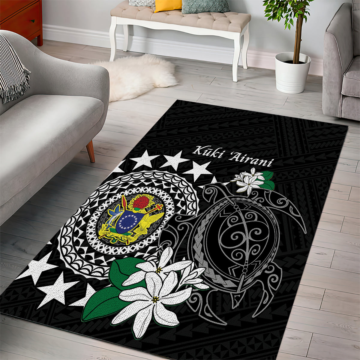 Cook Islands Independence Day Area Rug Kuki Airani Tiare Maori Polynesian Pattern - Black