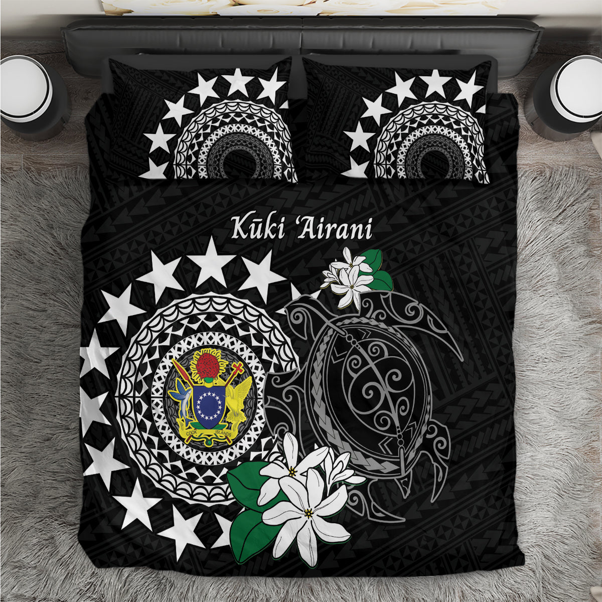 Cook Islands Independence Day Bedding Set Kuki Airani Tiare Maori Polynesian Pattern - Black