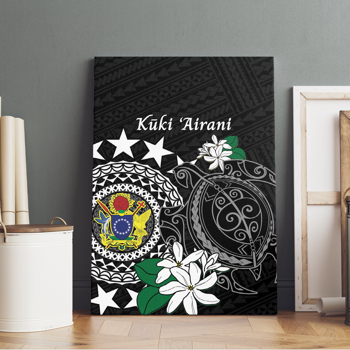 Cook Islands Independence Day Canvas Wall Art Kuki Airani Tiare Maori Polynesian Pattern - Black