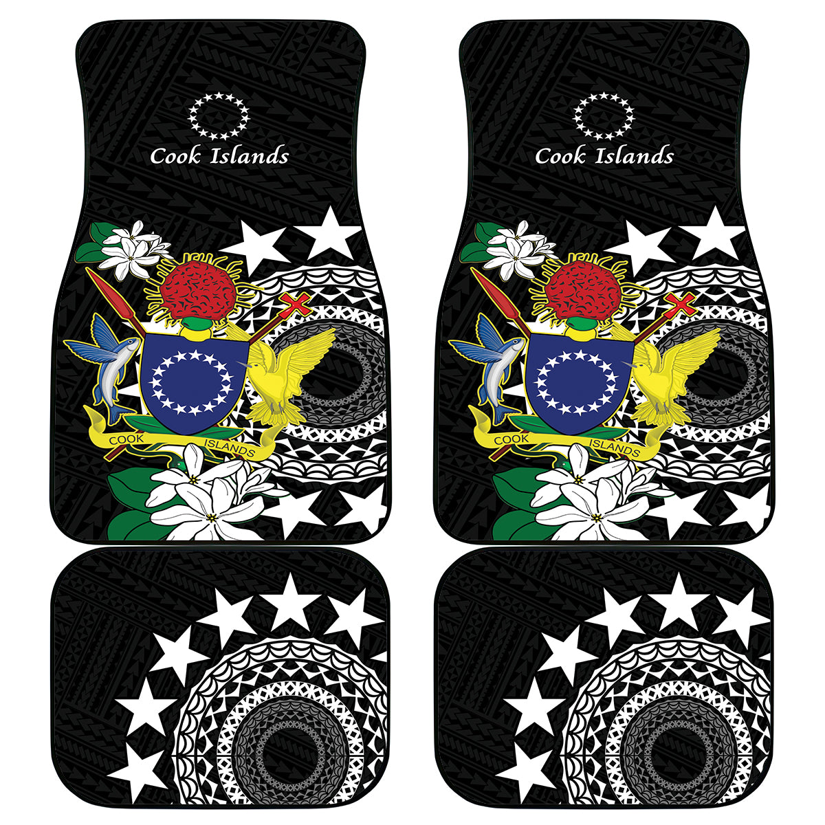Cook Islands Independence Day Car Mats Kuki Airani Tiare Maori Polynesian Pattern - Black LT14 - Polynesian Pride