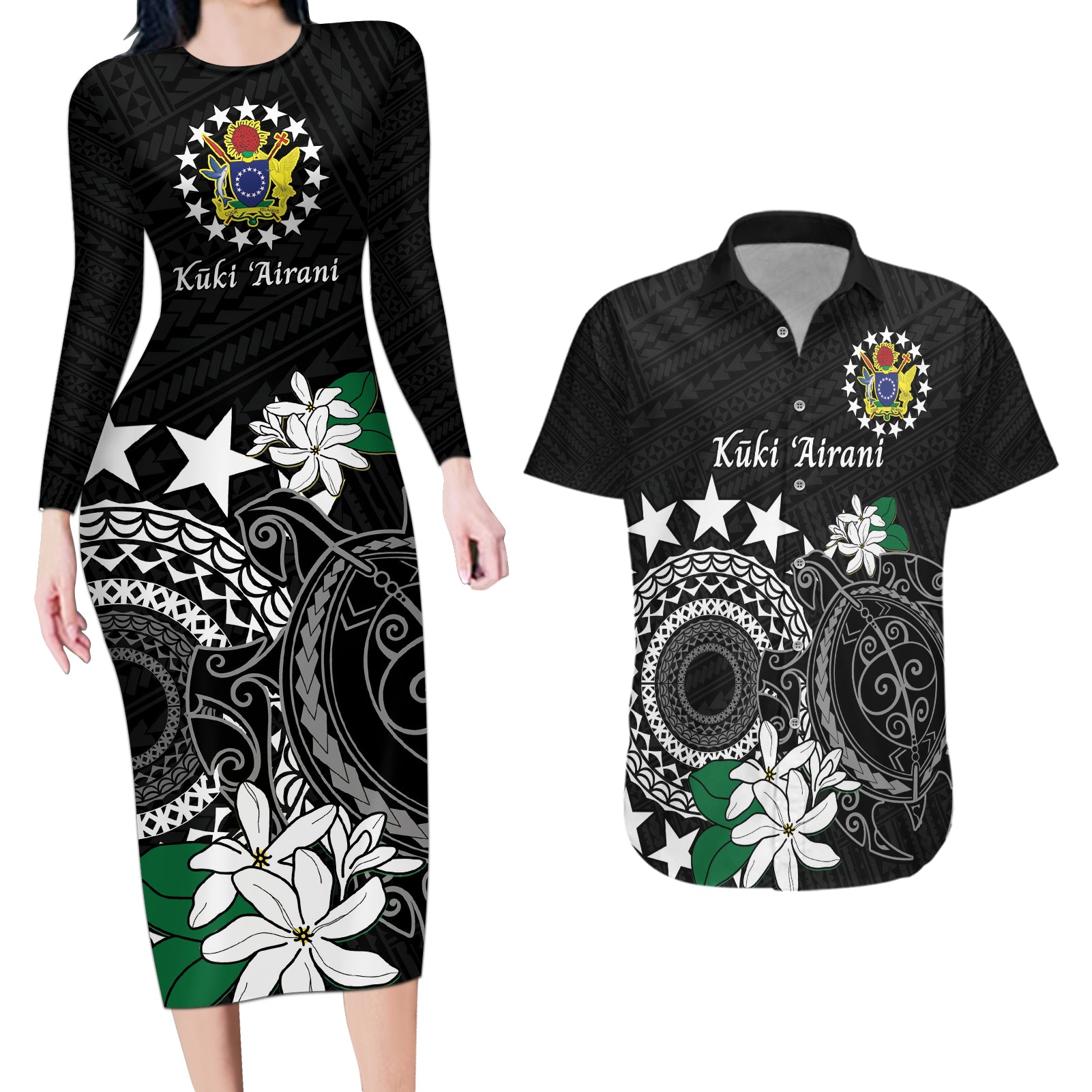 Cook Islands Independence Day Couples Matching Long Sleeve Bodycon Dress and Hawaiian Shirt Kuki Airani Tiare Maori Polynesian Pattern - Black