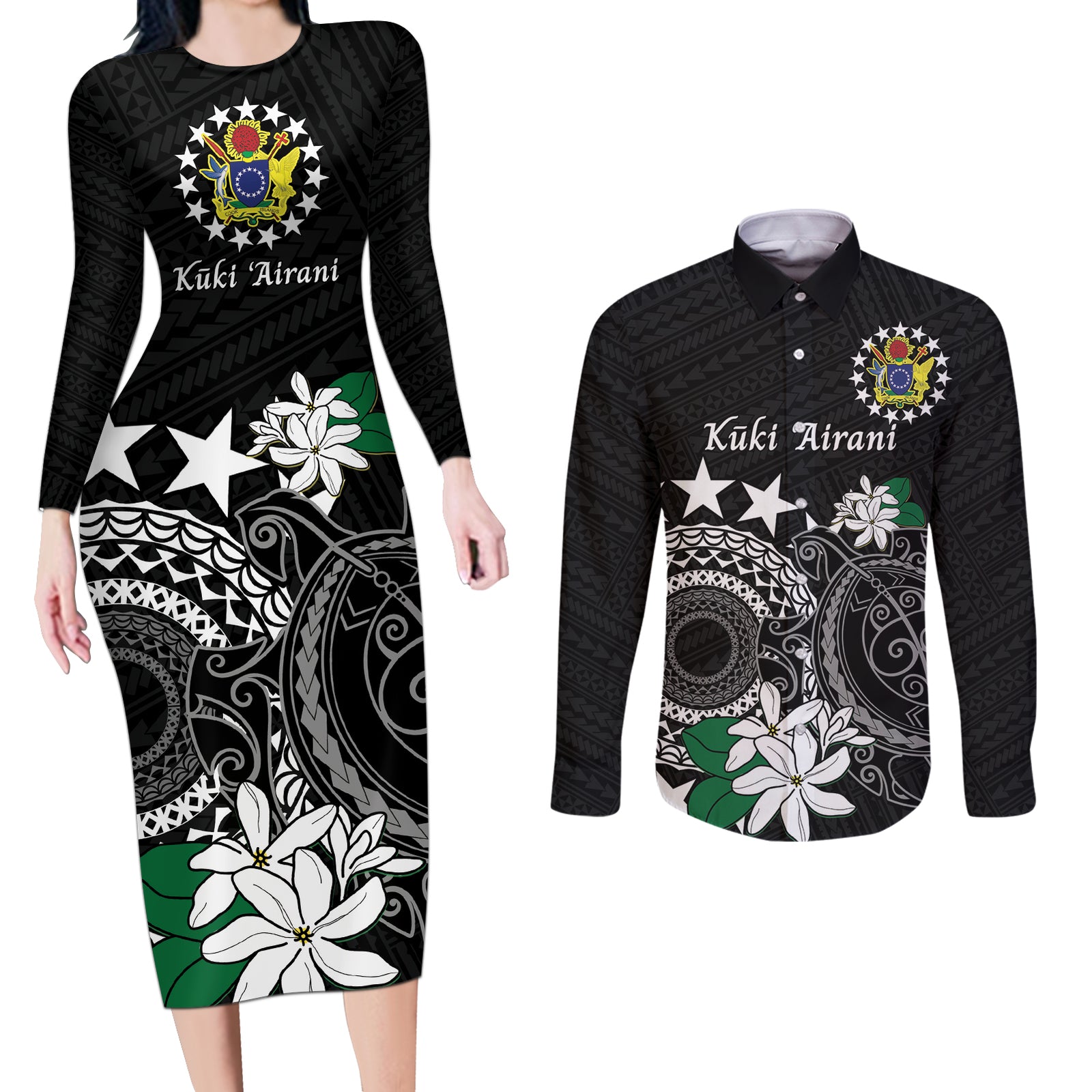 Cook Islands Independence Day Couples Matching Long Sleeve Bodycon Dress and Long Sleeve Button Shirt Kuki Airani Tiare Maori Polynesian Pattern - Black LT14 Black - Polynesian Pride