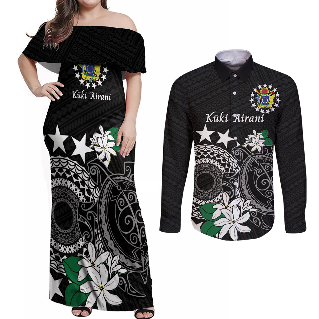 Cook Islands Independence Day Couples Matching Off Shoulder Maxi Dress and Long Sleeve Button Shirt Kuki Airani Tiare Maori Polynesian Pattern - Black LT14 Black - Polynesian Pride