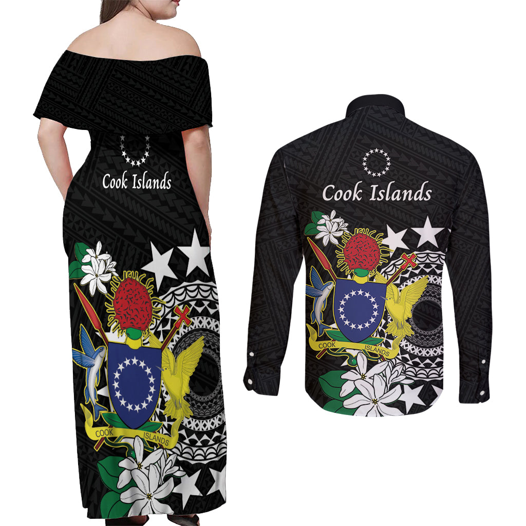 Cook Islands Independence Day Couples Matching Off Shoulder Maxi Dress and Long Sleeve Button Shirt Kuki Airani Tiare Maori Polynesian Pattern - Black LT14 - Polynesian Pride