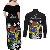 Cook Islands Independence Day Couples Matching Off Shoulder Maxi Dress and Long Sleeve Button Shirt Kuki Airani Tiare Maori Polynesian Pattern - Black LT14 - Polynesian Pride