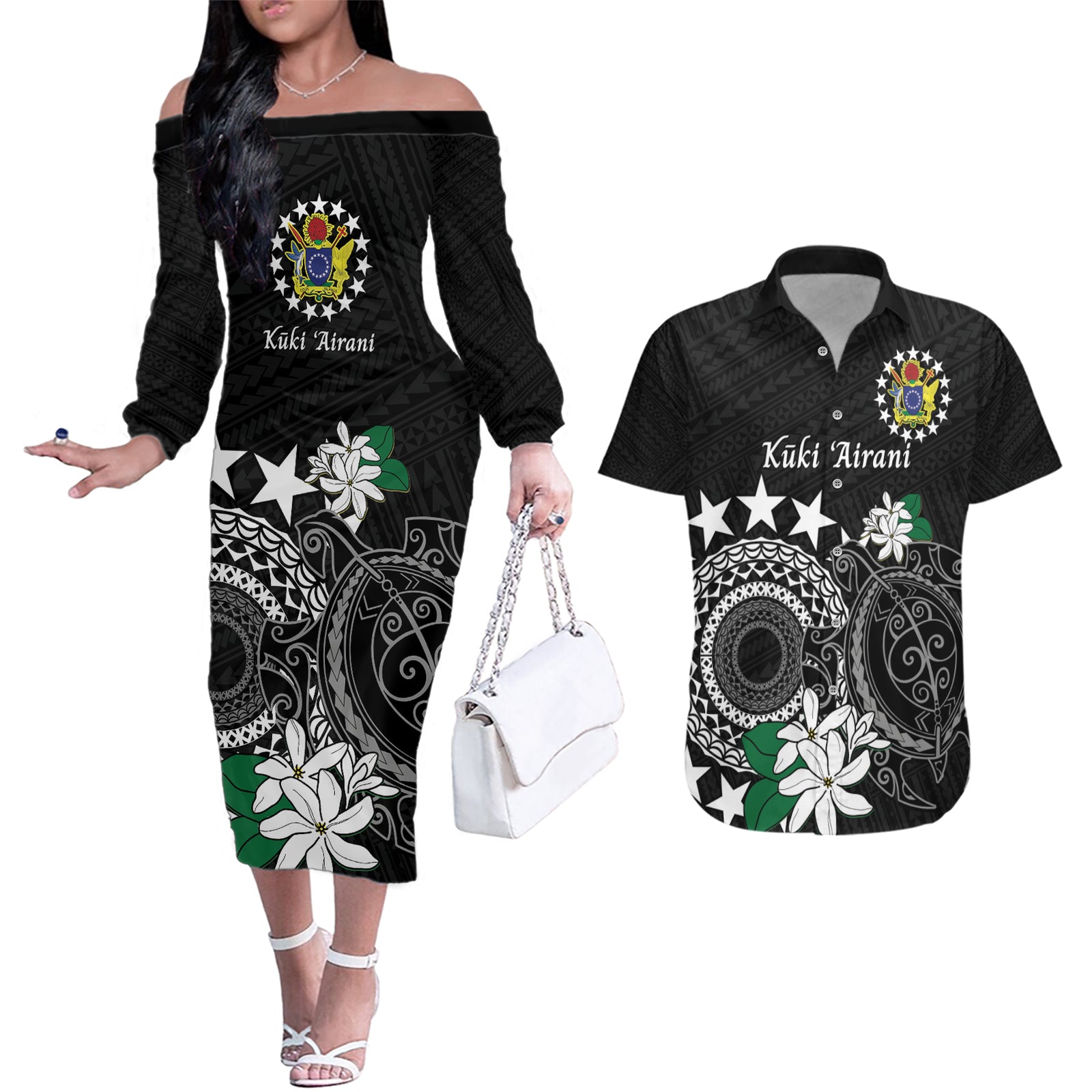 Cook Islands Independence Day Couples Matching Off The Shoulder Long Sleeve Dress and Hawaiian Shirt Kuki Airani Tiare Maori Polynesian Pattern - Black LT14 Black - Polynesian Pride