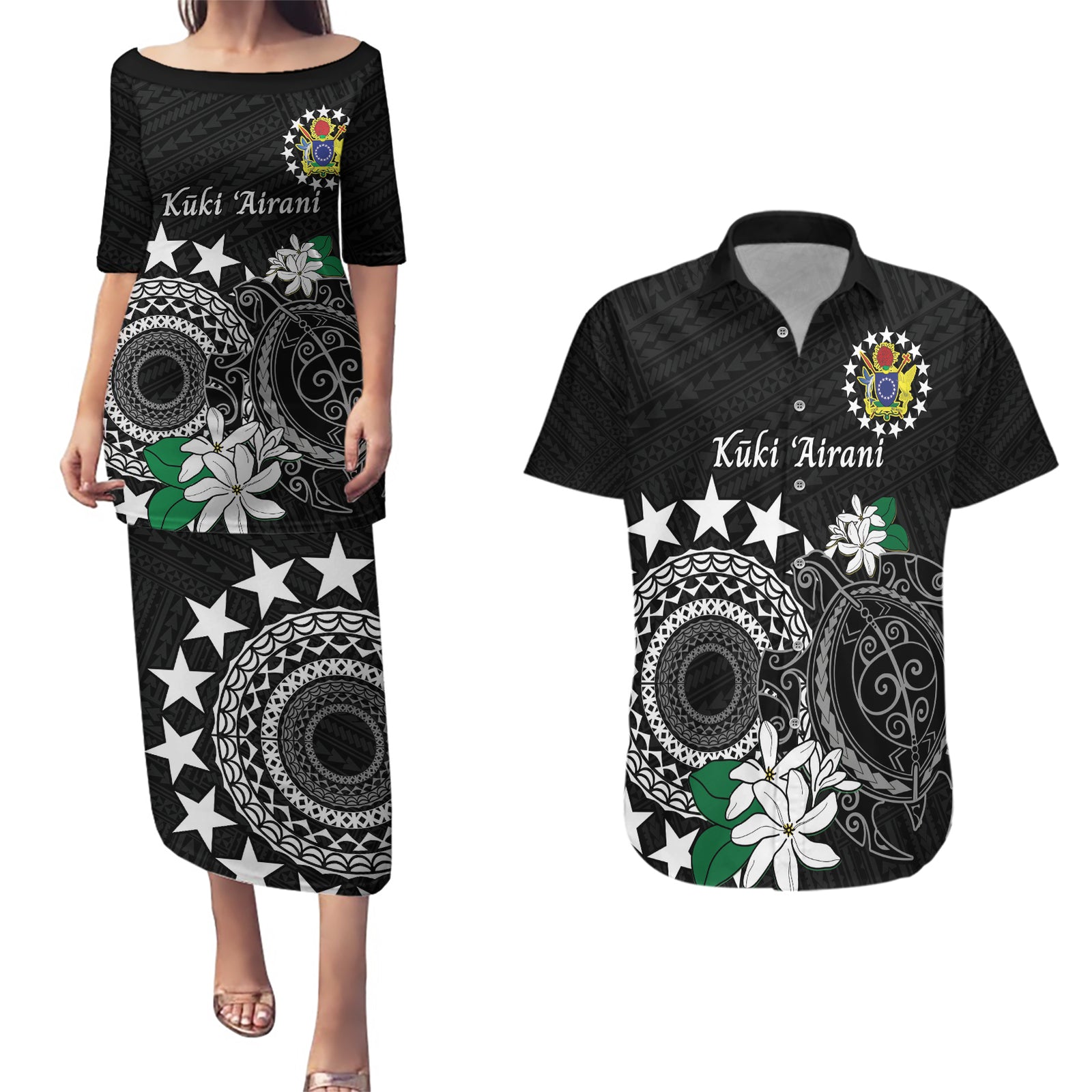 Cook Islands Independence Day Couples Matching Puletasi and Hawaiian Shirt Kuki Airani Tiare Maori Polynesian Pattern - Black LT14 Black - Polynesian Pride