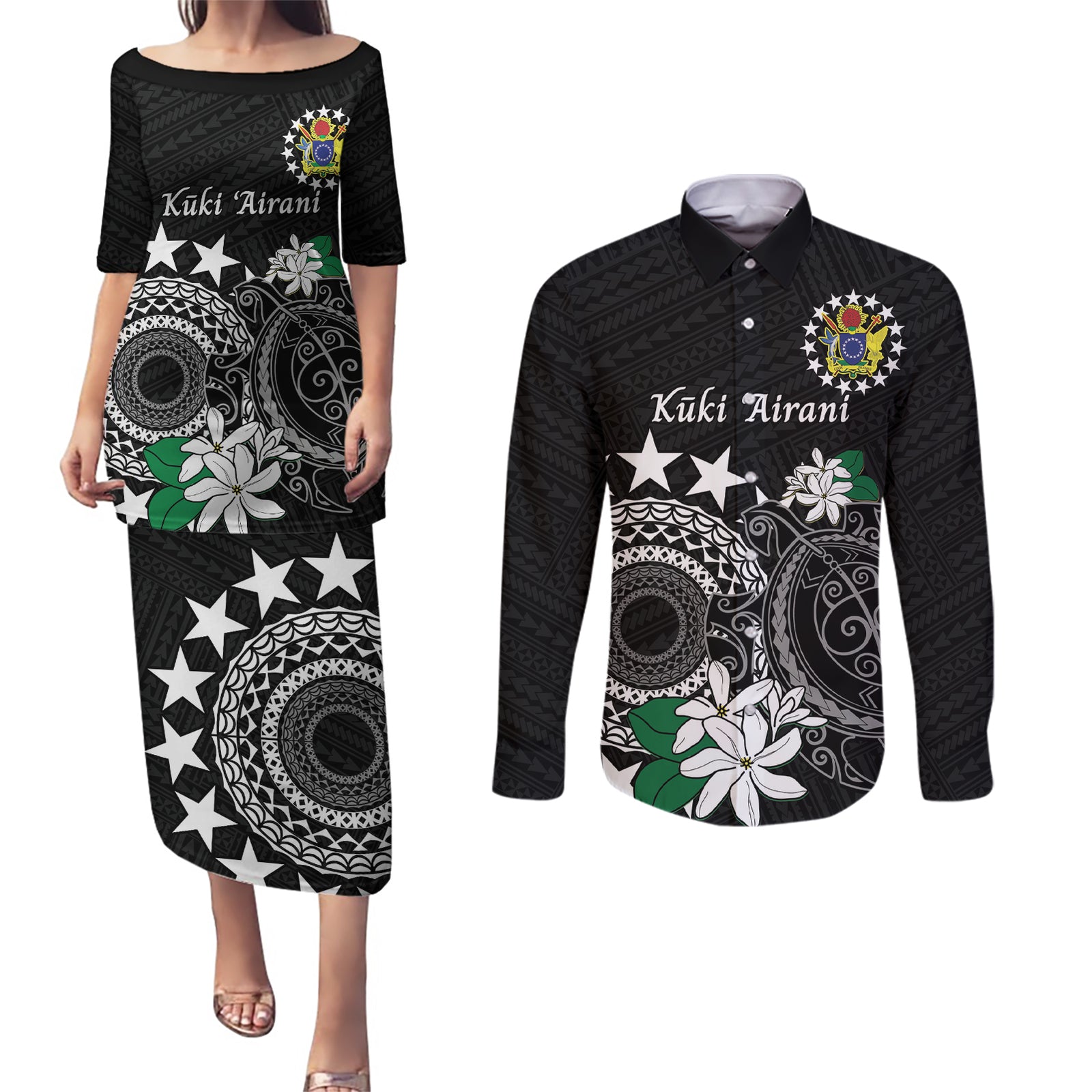 Cook Islands Independence Day Couples Matching Puletasi and Long Sleeve Button Shirt Kuki Airani Tiare Maori Polynesian Pattern - Black LT14 Black - Polynesian Pride