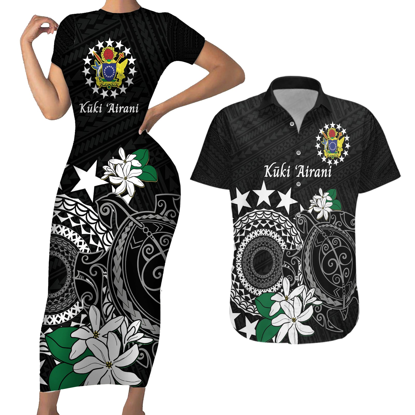 Cook Islands Independence Day Couples Matching Short Sleeve Bodycon Dress and Hawaiian Shirt Kuki Airani Tiare Maori Polynesian Pattern - Black LT14 Black - Polynesian Pride