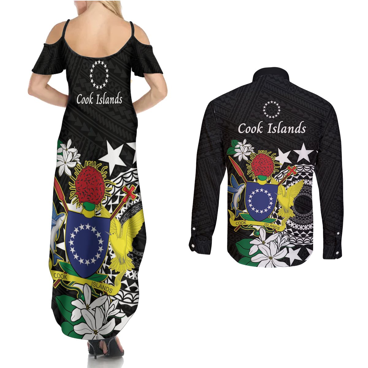 Cook Islands Independence Day Couples Matching Summer Maxi Dress and Long Sleeve Button Shirt Kuki Airani Tiare Maori Polynesian Pattern - Black LT14 - Polynesian Pride