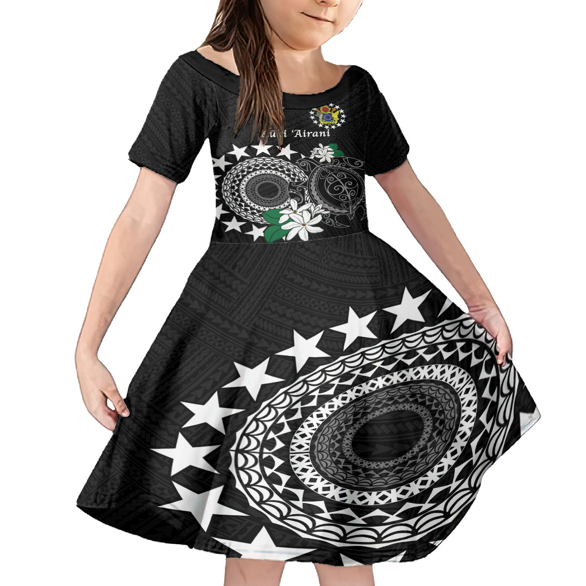 Cook Islands Independence Day Family Matching Long Sleeve Bodycon Dress and Hawaiian Shirt Kuki Airani Tiare Maori Polynesian Pattern - Black LT14 Daughter's Dress Black - Polynesian Pride