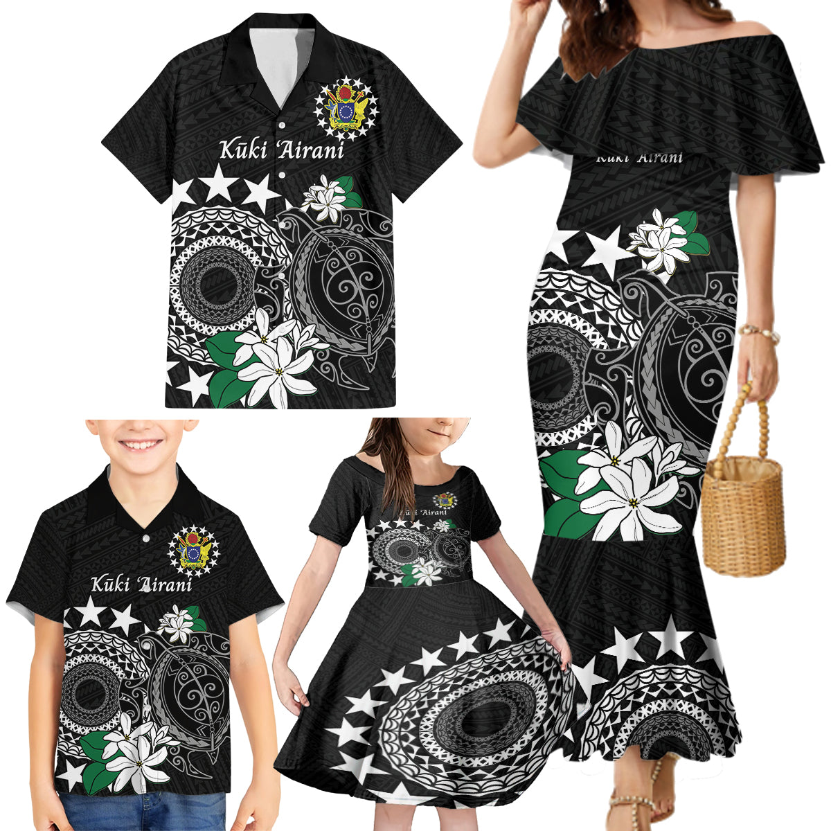Cook Islands Independence Day Family Matching Mermaid Dress and Hawaiian Shirt Kuki Airani Tiare Maori Polynesian Pattern - Black LT14 - Polynesian Pride