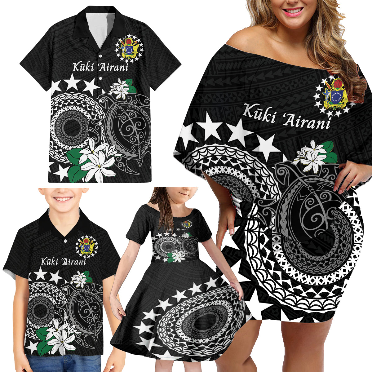 Cook Islands Independence Day Family Matching Off Shoulder Short Dress and Hawaiian Shirt Kuki Airani Tiare Maori Polynesian Pattern - Black