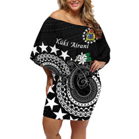Cook Islands Independence Day Family Matching Off Shoulder Short Dress and Hawaiian Shirt Kuki Airani Tiare Maori Polynesian Pattern - Black