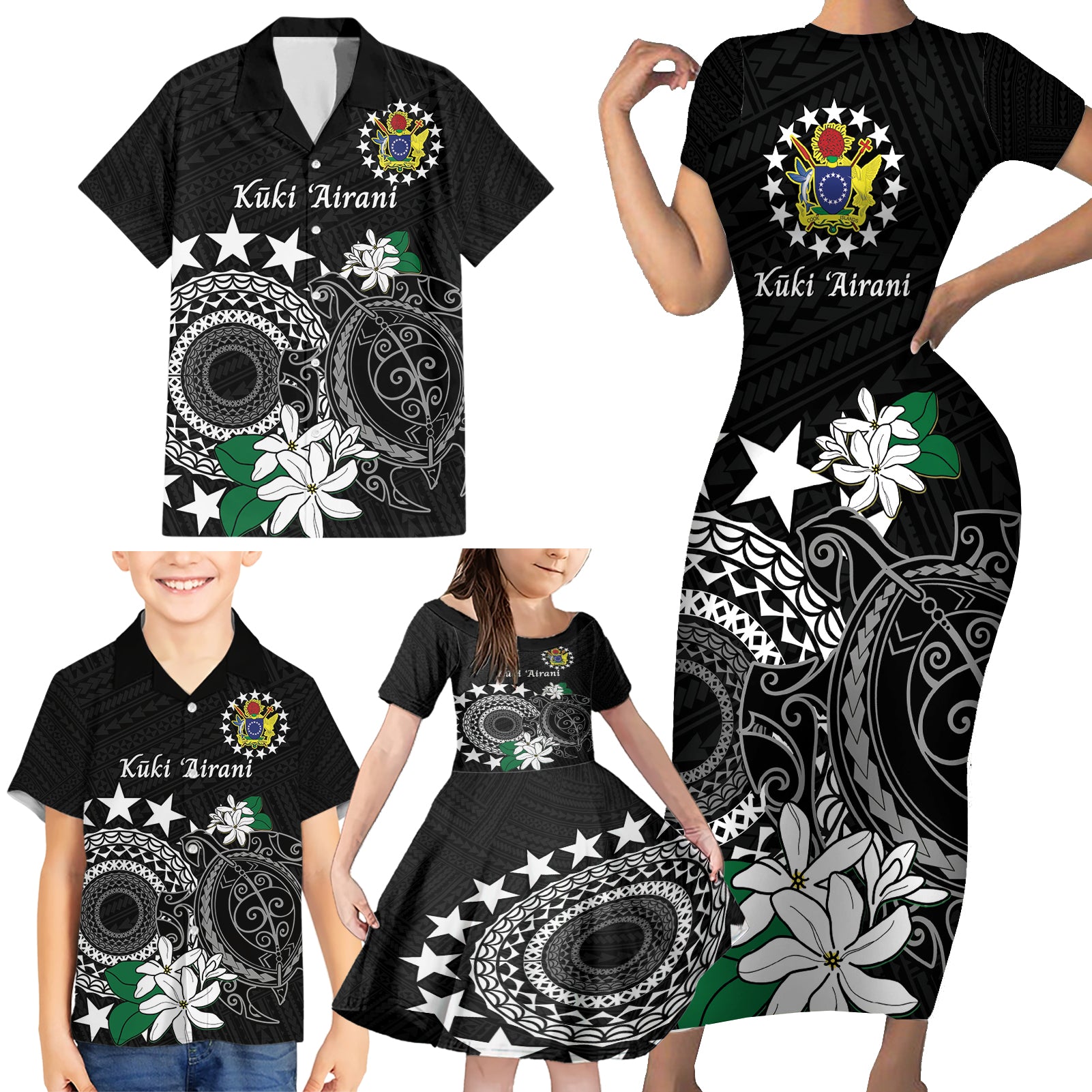 Cook Islands Independence Day Family Matching Short Sleeve Bodycon Dress and Hawaiian Shirt Kuki Airani Tiare Maori Polynesian Pattern - Black