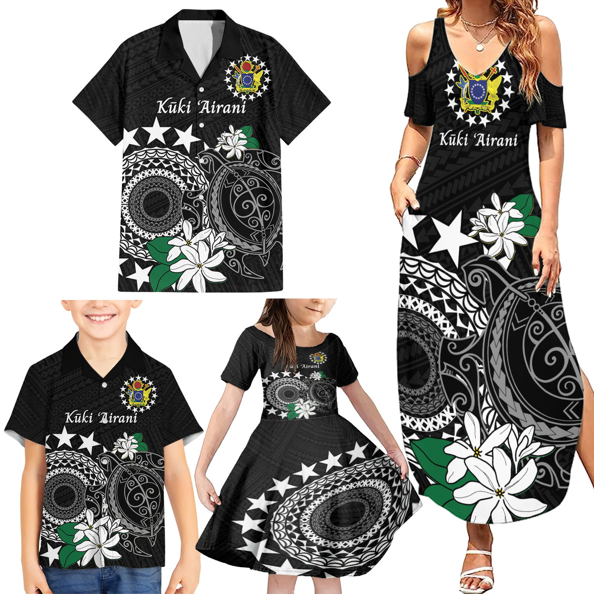 Cook Islands Independence Day Family Matching Summer Maxi Dress and Hawaiian Shirt Kuki Airani Tiare Maori Polynesian Pattern - Black