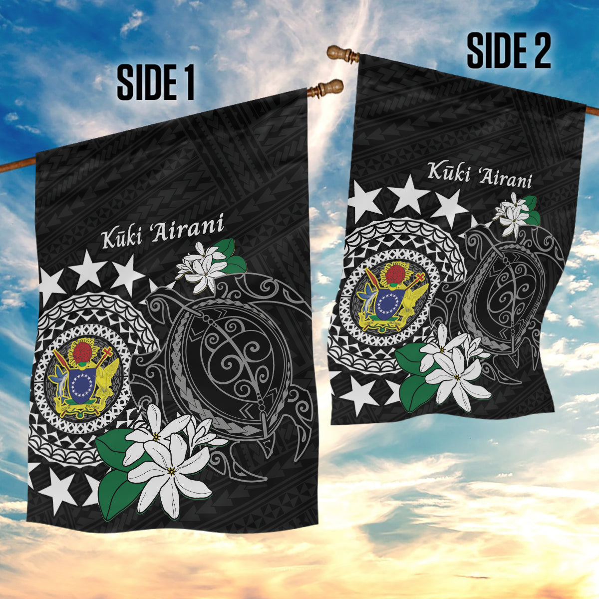 Cook Islands Independence Day Garden Flag Kuki Airani Tiare Maori Polynesian Pattern - Black LT14 - Polynesian Pride