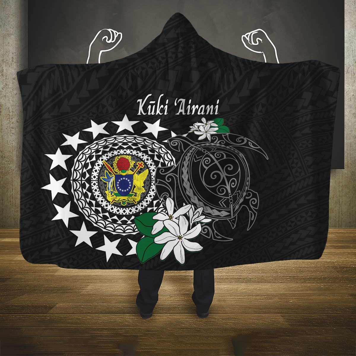 Cook Islands Independence Day Hooded Blanket Kuki Airani Tiare Maori Polynesian Pattern - Black LT14 One Size Black - Polynesian Pride
