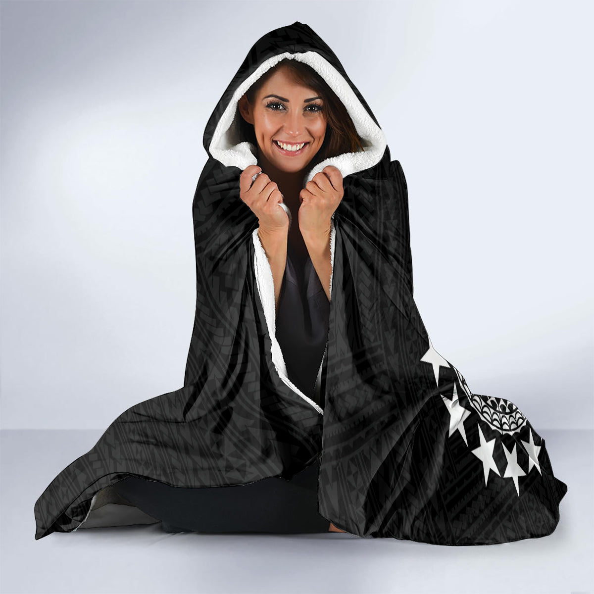 Cook Islands Independence Day Hooded Blanket Kuki Airani Tiare Maori Polynesian Pattern - Black LT14 - Polynesian Pride