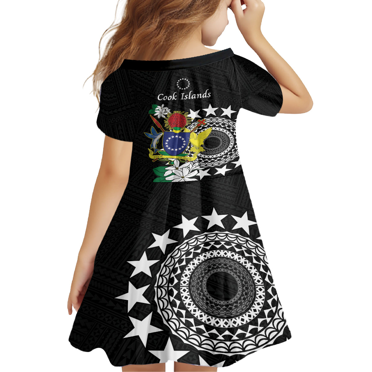 Cook Islands Independence Day Kid Short Sleeve Dress Kuki Airani Tiare Maori Polynesian Pattern - Black