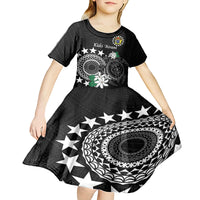 Cook Islands Independence Day Kid Short Sleeve Dress Kuki Airani Tiare Maori Polynesian Pattern - Black