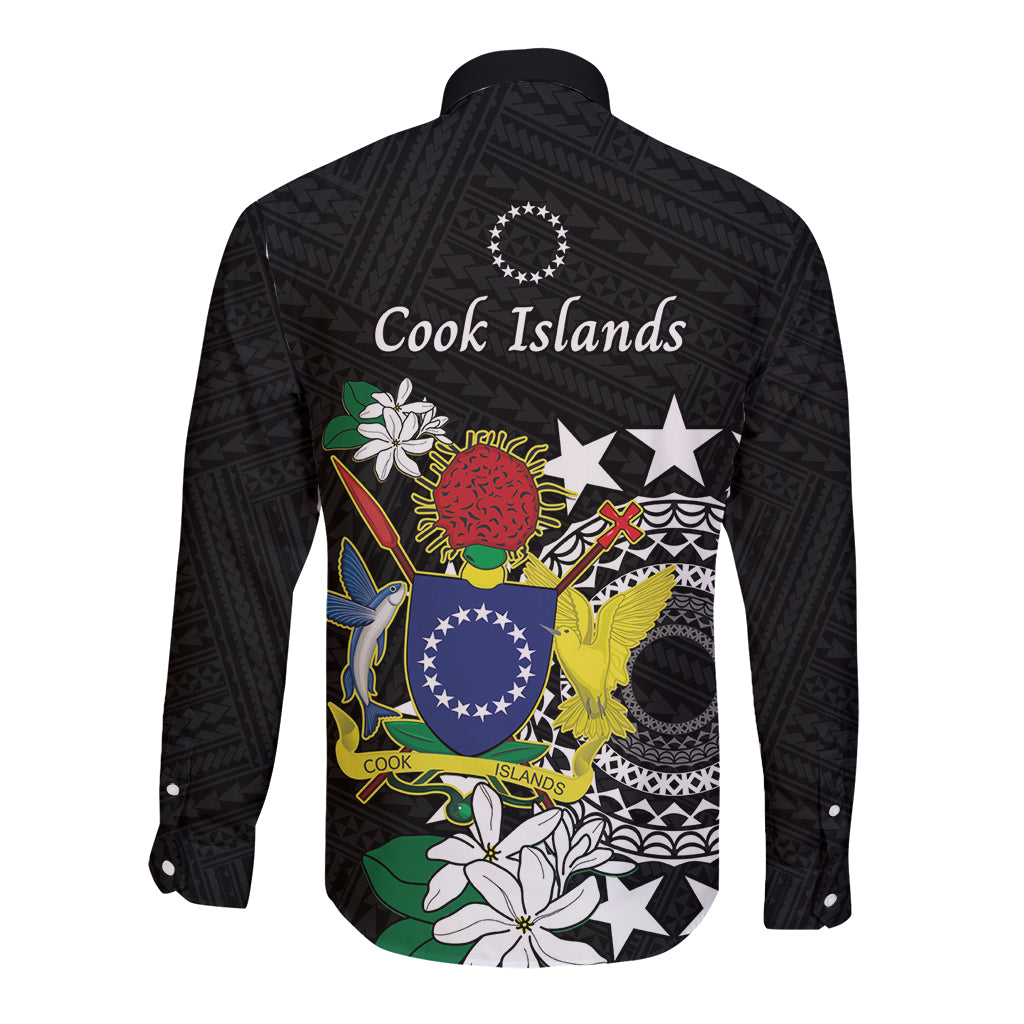 Cook Islands Independence Day Long Sleeve Button Shirt Kuki Airani Tiare Maori Polynesian Pattern - Black
