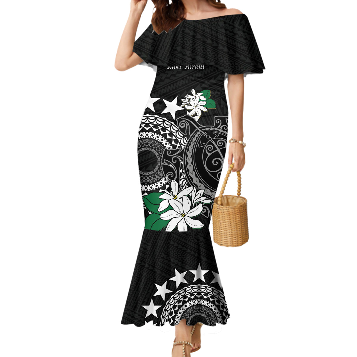 Cook Islands Independence Day Mermaid Dress Kuki Airani Tiare Maori Polynesian Pattern - Black