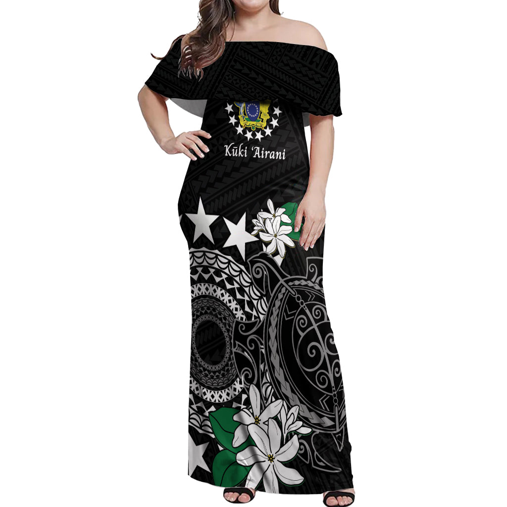 Cook Islands Independence Day Off Shoulder Maxi Dress Kuki Airani Tiare Maori Polynesian Pattern - Black LT14 Women Black - Polynesian Pride