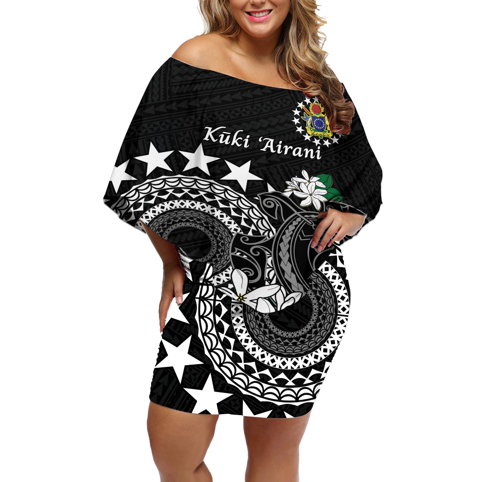 Cook Islands Independence Day Off Shoulder Short Dress Kuki Airani Tiare Maori Polynesian Pattern - Black