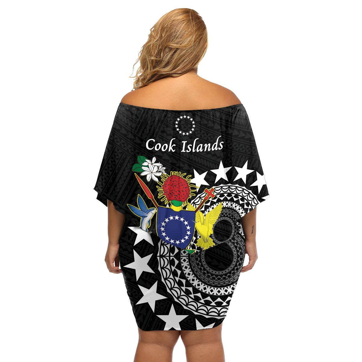 Cook Islands Independence Day Off Shoulder Short Dress Kuki Airani Tiare Maori Polynesian Pattern - Black LT14 - Polynesian Pride
