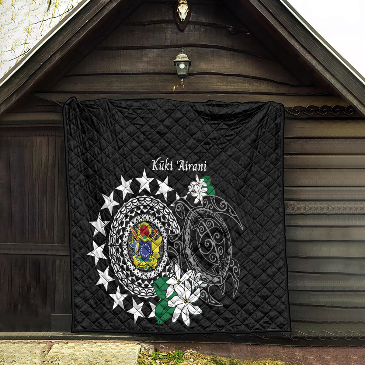 Cook Islands Independence Day Quilt Kuki Airani Tiare Maori Polynesian Pattern - Black