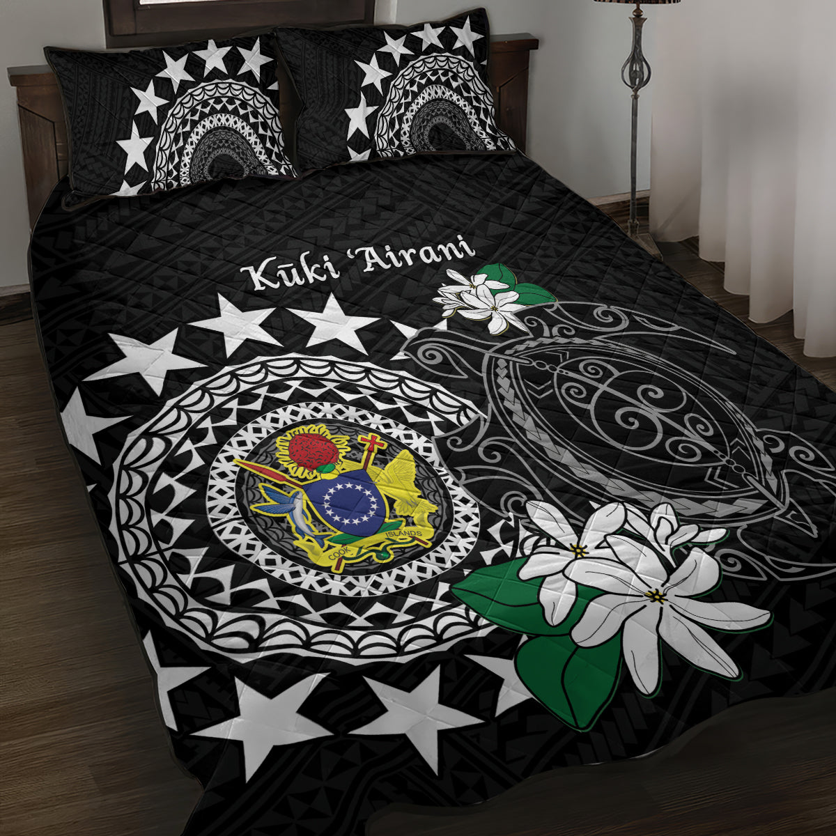Cook Islands Independence Day Quilt Bed Set Kuki Airani Tiare Maori Polynesian Pattern - Black LT14 Black - Polynesian Pride