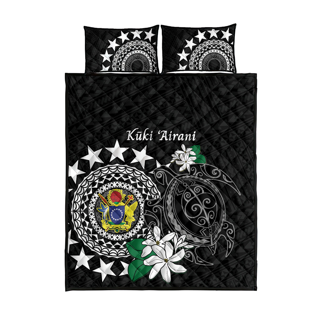 Cook Islands Independence Day Quilt Bed Set Kuki Airani Tiare Maori Polynesian Pattern - Black LT14 - Polynesian Pride