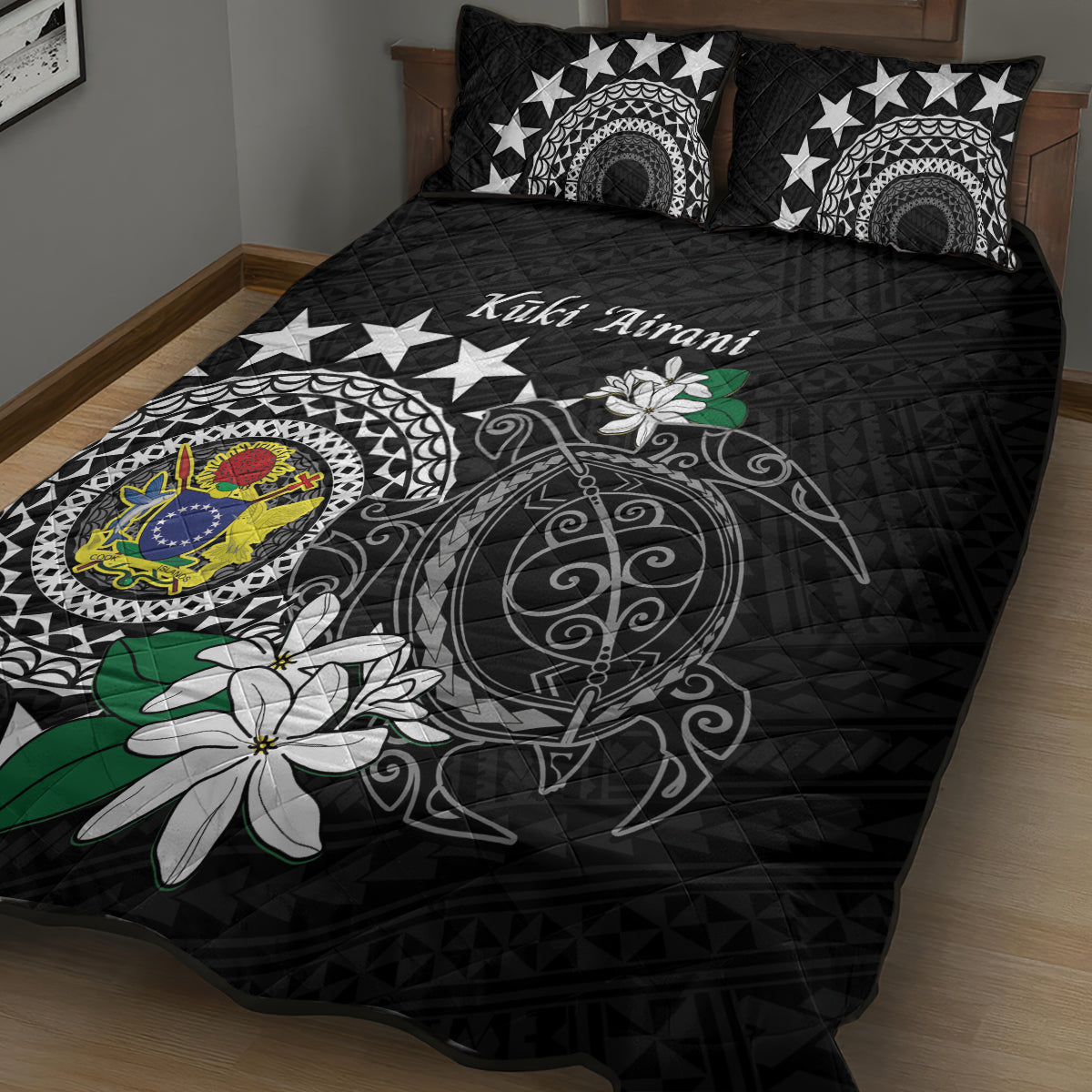 Cook Islands Independence Day Quilt Bed Set Kuki Airani Tiare Maori Polynesian Pattern - Black LT14 - Polynesian Pride