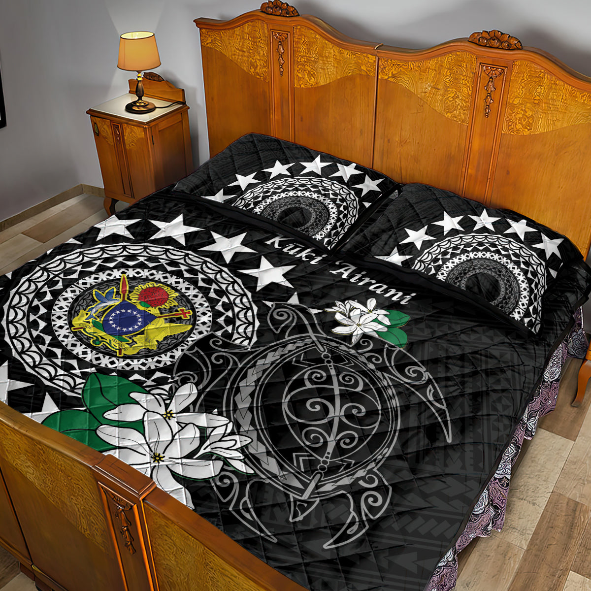 Cook Islands Independence Day Quilt Bed Set Kuki Airani Tiare Maori Polynesian Pattern - Black LT14 - Polynesian Pride