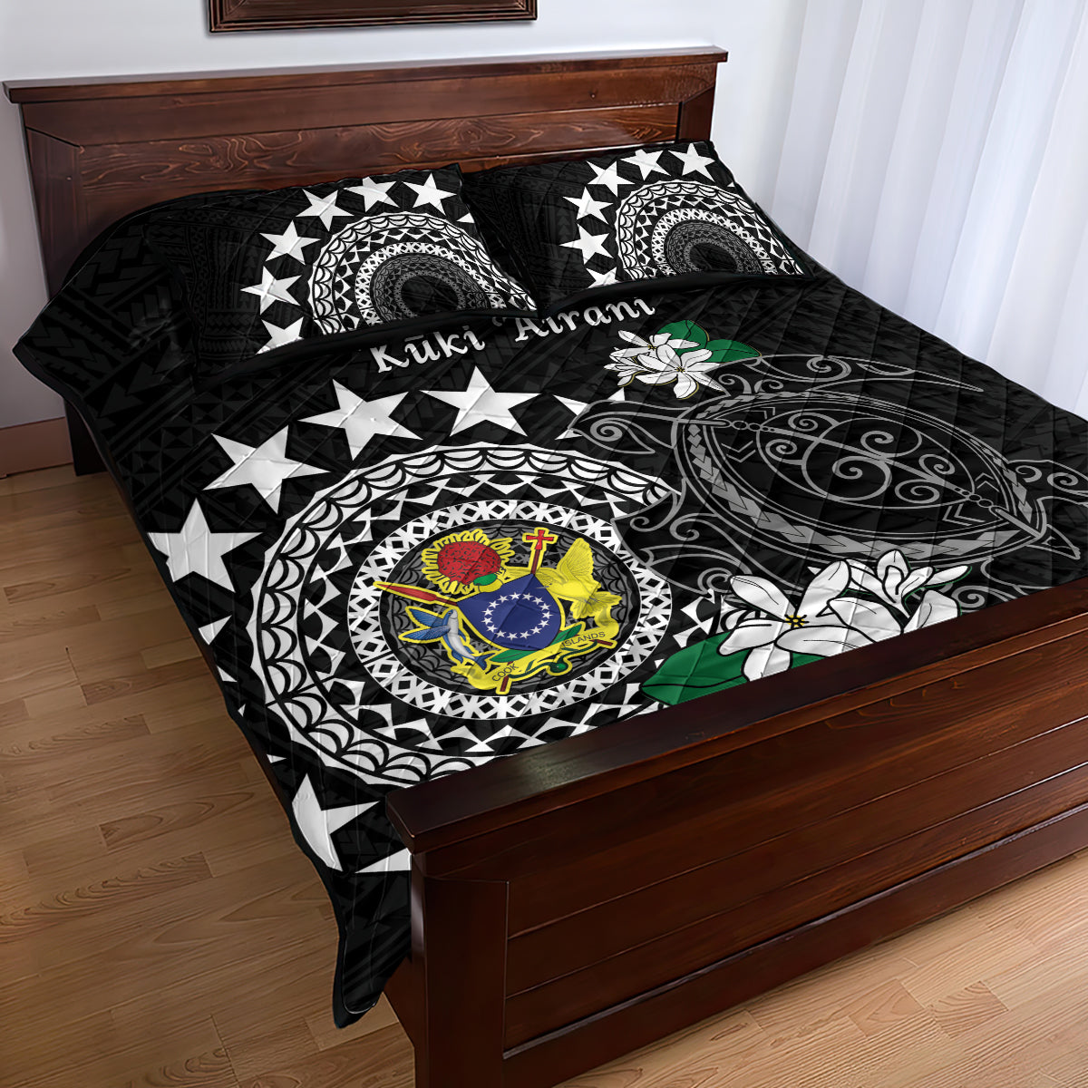 Cook Islands Independence Day Quilt Bed Set Kuki Airani Tiare Maori Polynesian Pattern - Black LT14 - Polynesian Pride