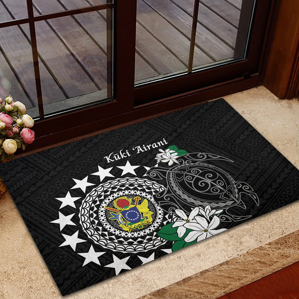 Cook Islands Independence Day Rubber Doormat Kuki Airani Tiare Maori Polynesian Pattern - Black LT14 - Polynesian Pride