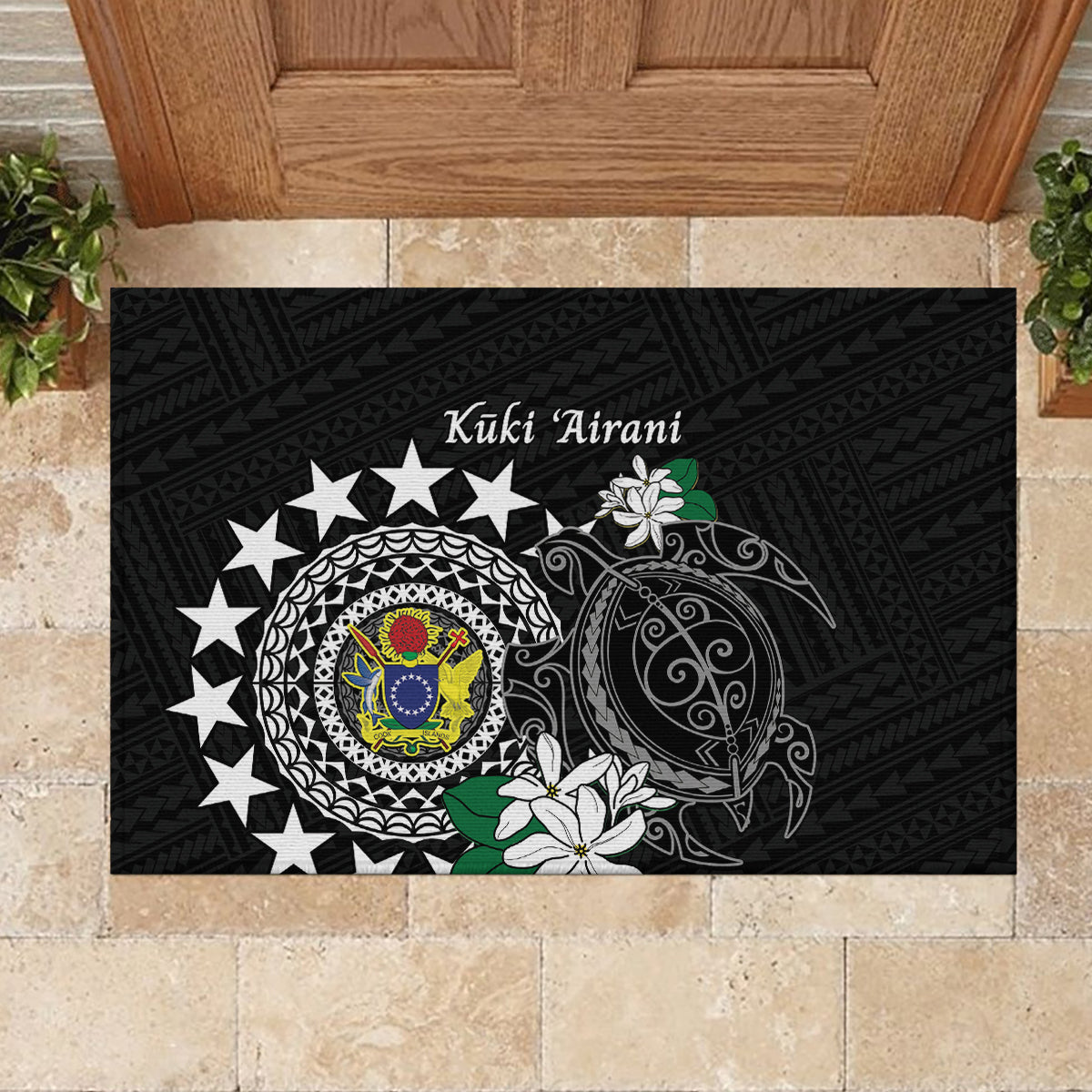 Cook Islands Independence Day Rubber Doormat Kuki Airani Tiare Maori Polynesian Pattern - Black LT14 - Polynesian Pride