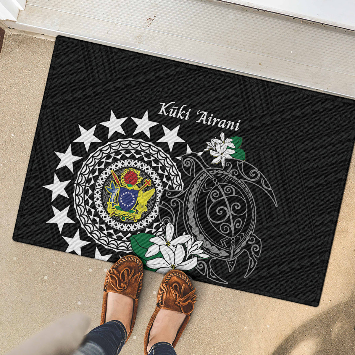 Cook Islands Independence Day Rubber Doormat Kuki Airani Tiare Maori Polynesian Pattern - Black LT14 - Polynesian Pride