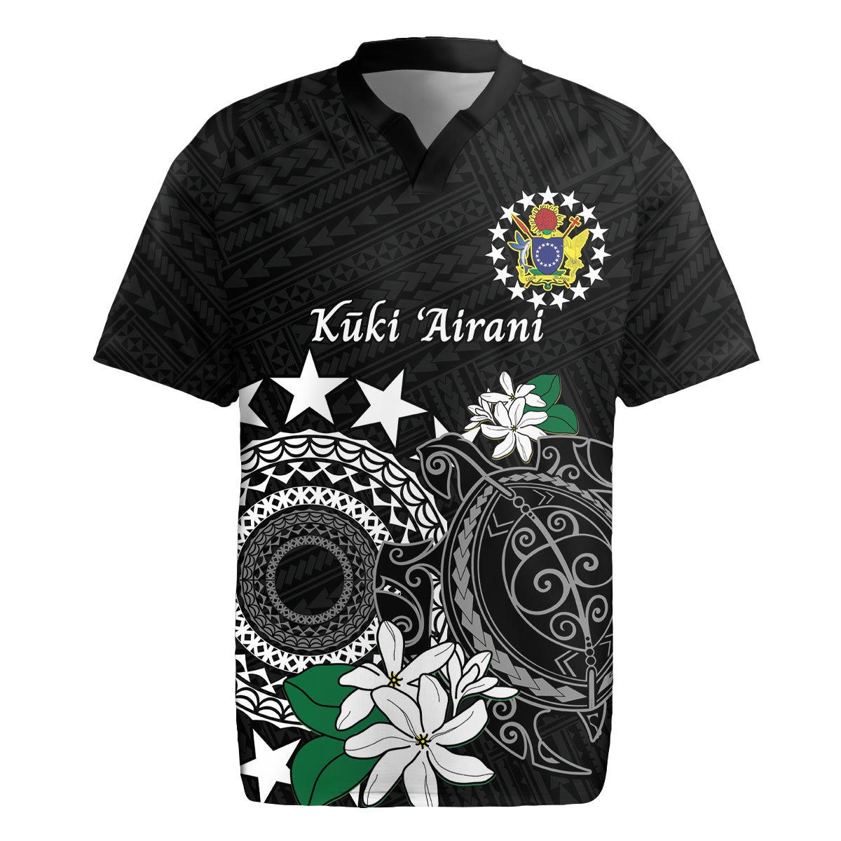 Cook Islands Independence Day Rugby Jersey Kuki Airani Tiare Maori Polynesian Pattern - Black LT14 Black - Polynesian Pride