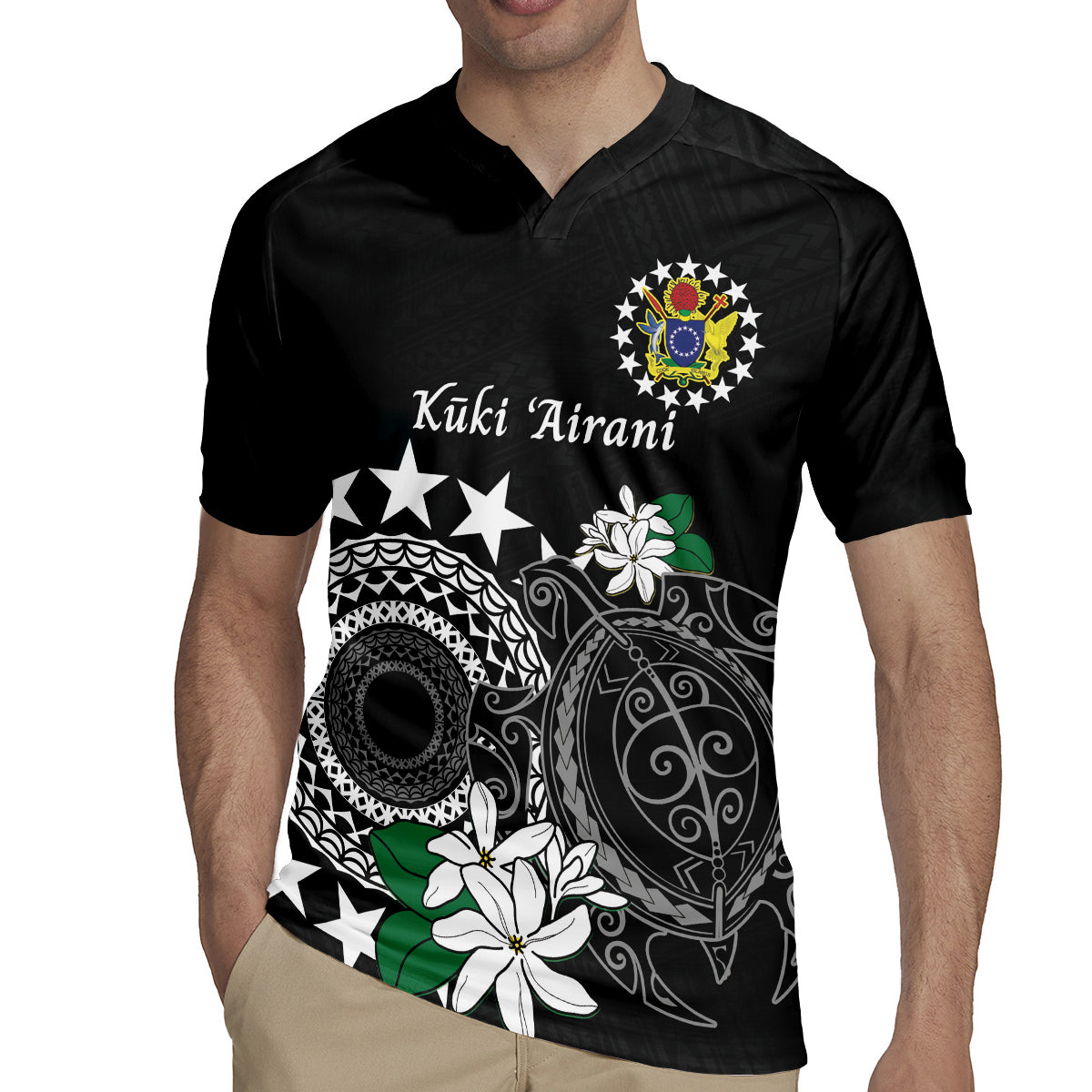Cook Islands Independence Day Rugby Jersey Kuki Airani Tiare Maori Polynesian Pattern - Black LT14 - Polynesian Pride