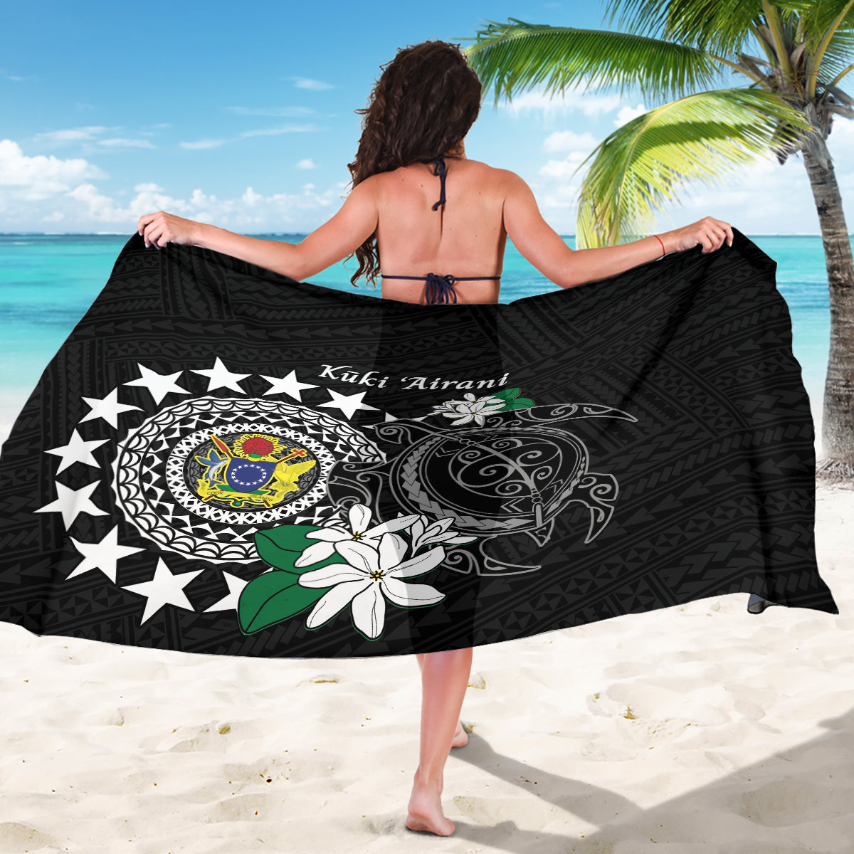 Cook Islands Independence Day Sarong Kuki Airani Tiare Maori Polynesian Pattern - Black