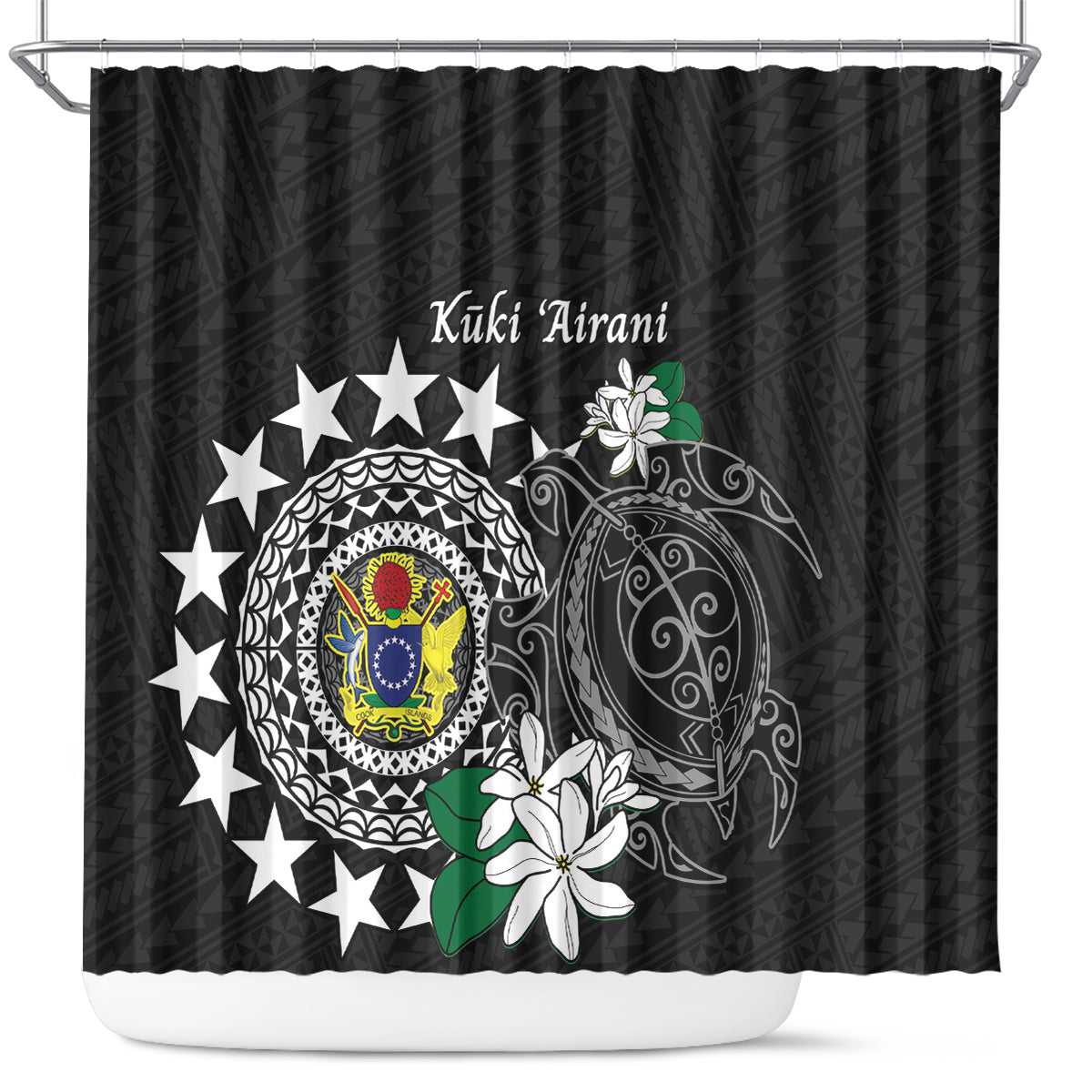 Cook Islands Independence Day Shower Curtain Kuki Airani Tiare Maori Polynesian Pattern - Black