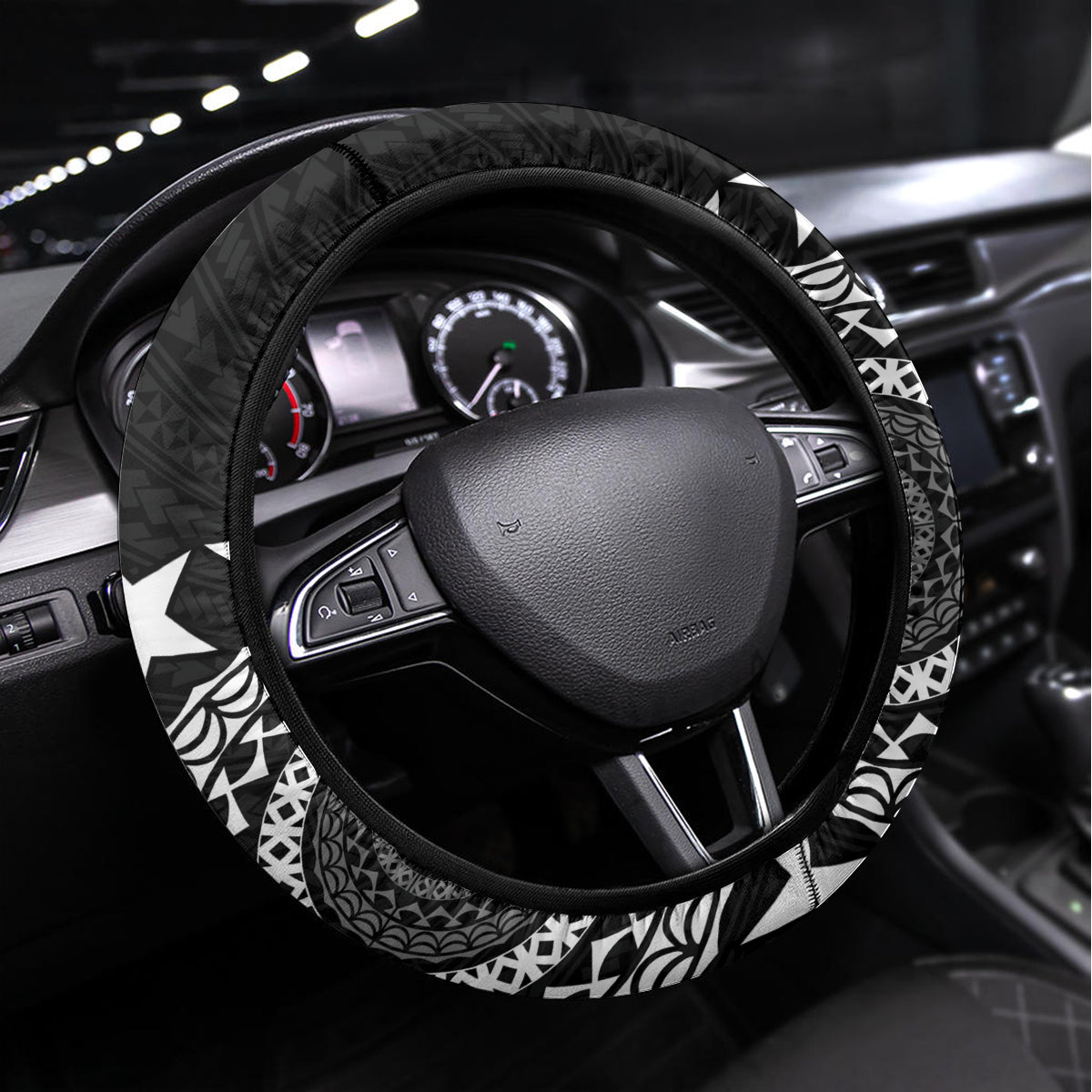 Cook Islands Independence Day Steering Wheel Cover Kuki Airani Tiare Maori Polynesian Pattern - Black