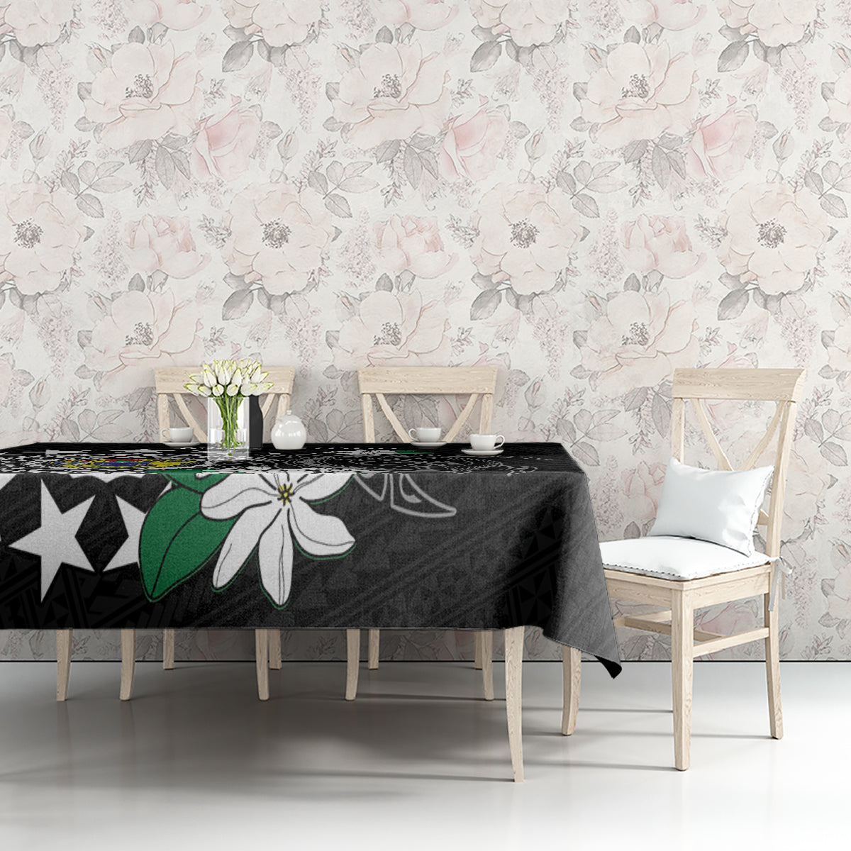 Cook Islands Independence Day Tablecloth Kuki Airani Tiare Maori Polynesian Pattern - Black LT14 - Polynesian Pride